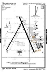 Diagram of the Sonoma County Airport showing all buildings and runways.