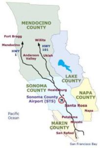 Graphic map of Mendocino, Sonoma, Lake, Napa and Marin counties