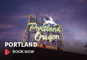 Image of Portland, Oregon with text that says, "Book Now"