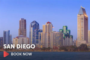 Image of San Diego skyline with book now button