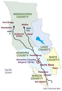 Map of Sonoma county, Mendocino county, Lake county, Napa county, and Marin county.