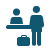 Graphic depicting a check-in counter with people standing at the counter with luggage.